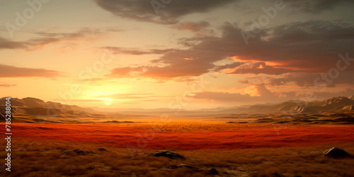 vast plains during sunset, with the sky ablaze in warm colors and the land bathed in soft light.
