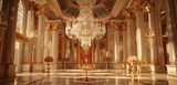 Magnificent chandelier shines in luxurious ballroom, accentuating its polished marble beauty.