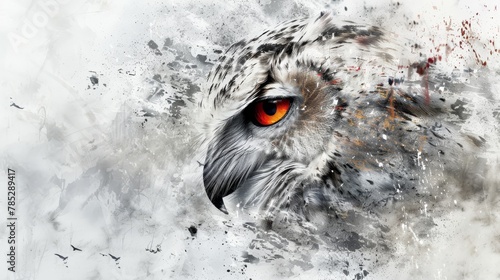  A tight shot of an owl's expressive face In the foreground, a red-eyed raptor gazes intently