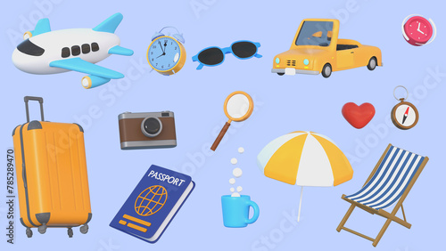 Collection of Travel Tourism 3d rendering icon, Trip Planning World Tour. Holiday Vacation, Travel and Transport concept. 3d illustration