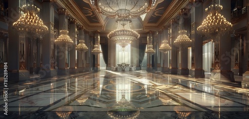 Majestic chandelier glistens above sleek marble floor in elegant ballroom.