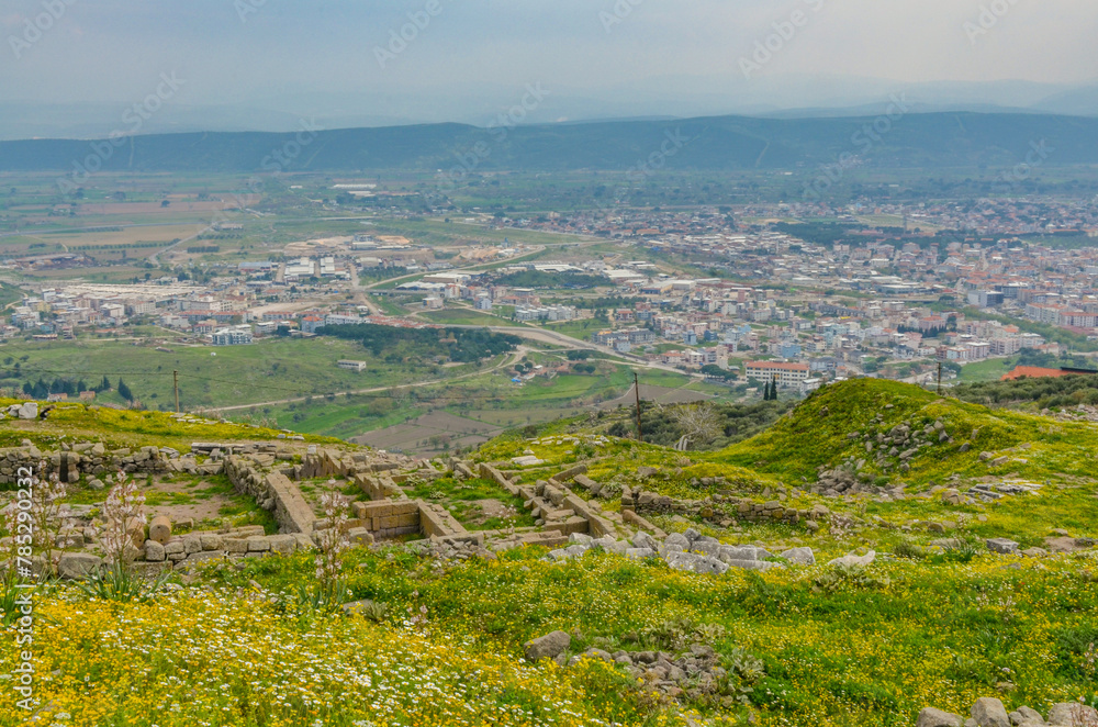 scenic view of Bergama from Pergamon Acropolis ruins (Izmir province, Turkiye)