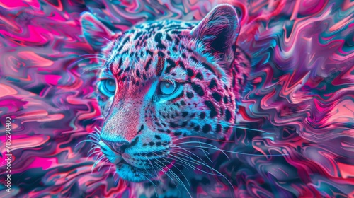   A tight shot of a vibrant animal's face with a hazy backdrop of pink, blue, and red hues photo