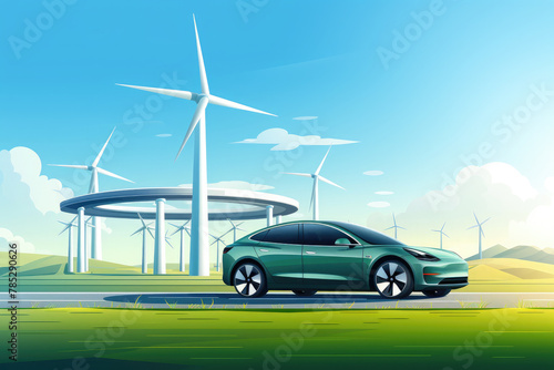 A car, an electric car, is driving along the road against the backdrop of wind turbines and windmills. Power generation. Green energy concept.Illustration