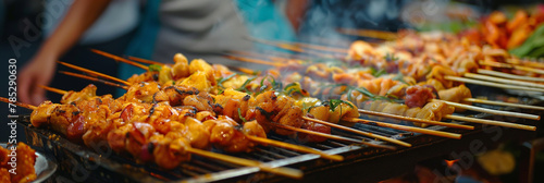 Colourful street food served on skewers, seafood and grilled vegetables.