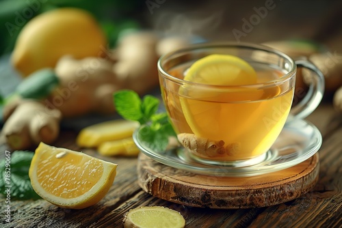 A commercial theme with a top view of a cup of ginger tea with a slice of lemon and ginger on a wooden table, Generative AI.