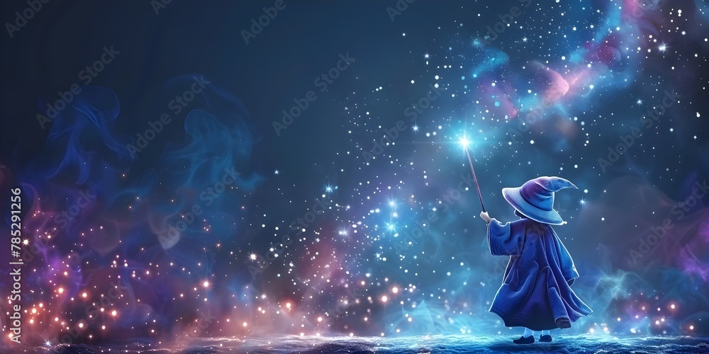 Whimsical Wizard Child Wielding Magical Wand Amid Cosmic Wonders of the Starry Night Sky
