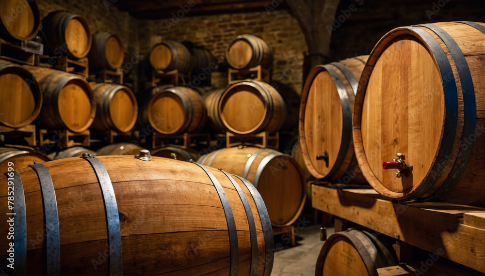 A glass of cognac stands on an oak barrel in a traditional cellar with rows of wine barrels in the background

