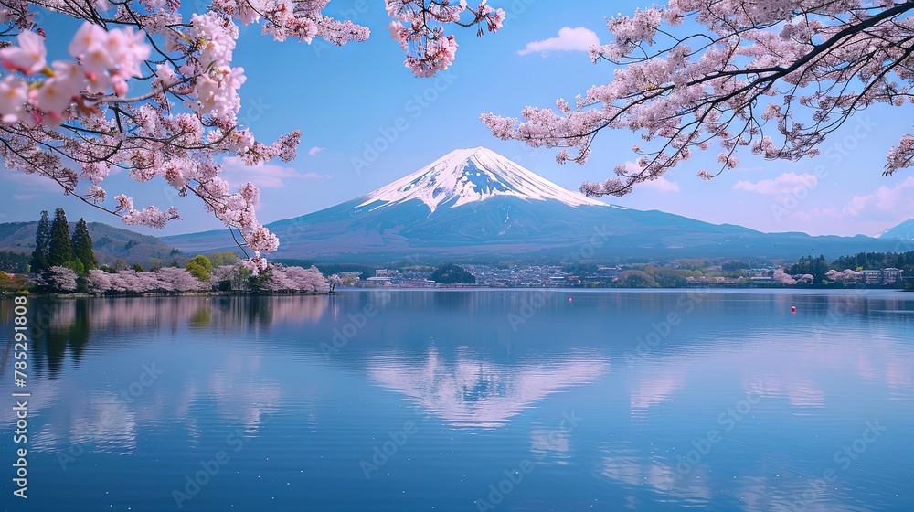 Breathtaking view of Mount Fuji amidst a forest of springtime trees.