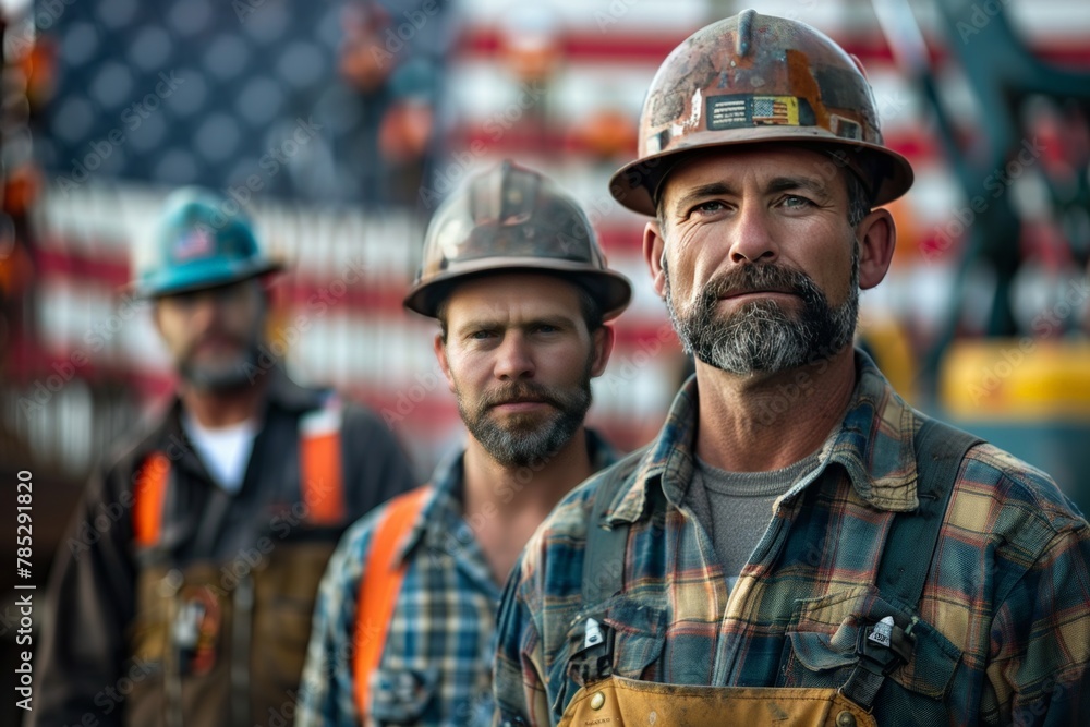 Labor day. A team of construction workers and a construction site in the background. Labor day. A team of construction workers and a construction site in the background.