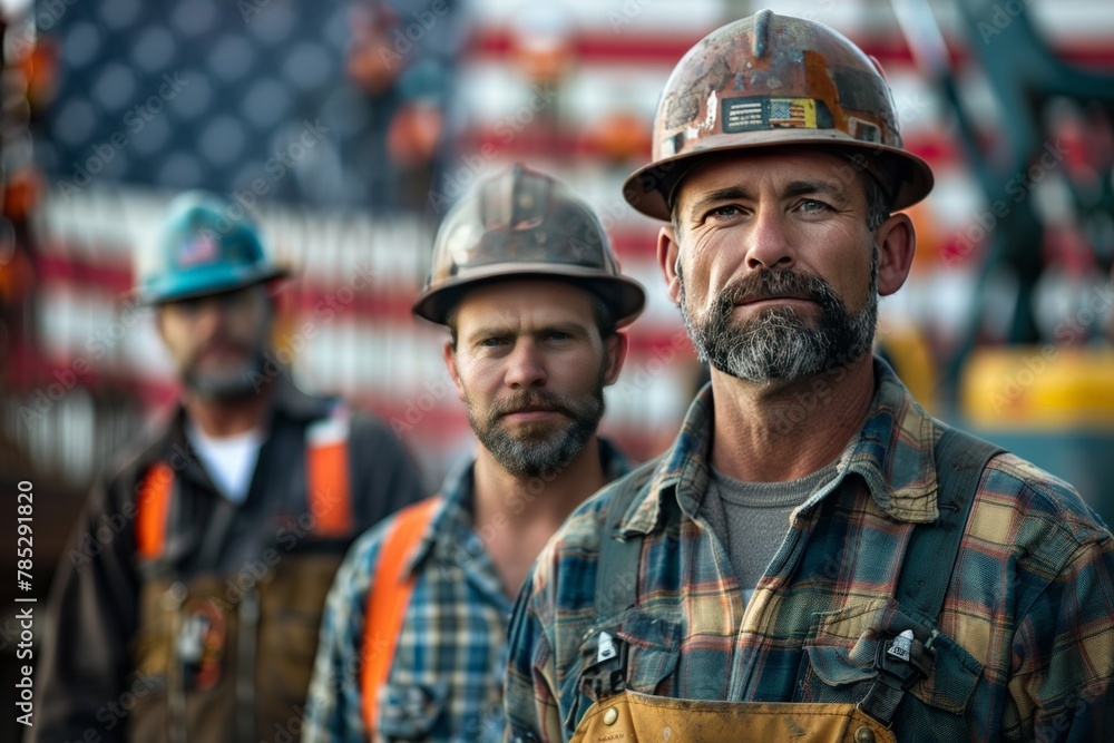 Labor day. A team of construction workers and a construction site in the background.