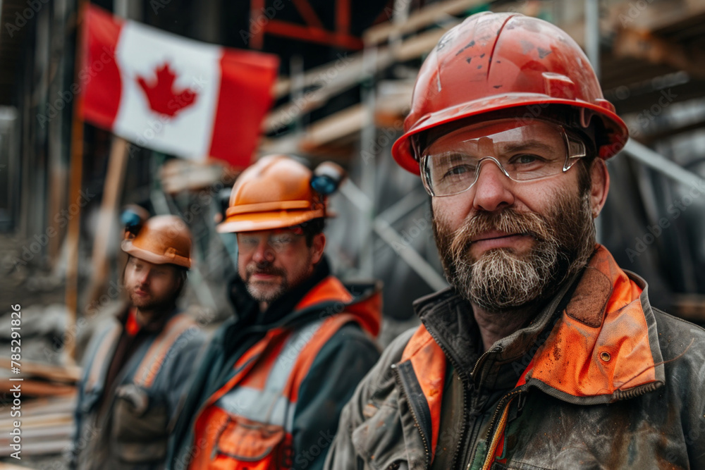 Labor day. A team of construction workers and a construction site in the background. Labor day. A team of construction workers and a construction site in the background.