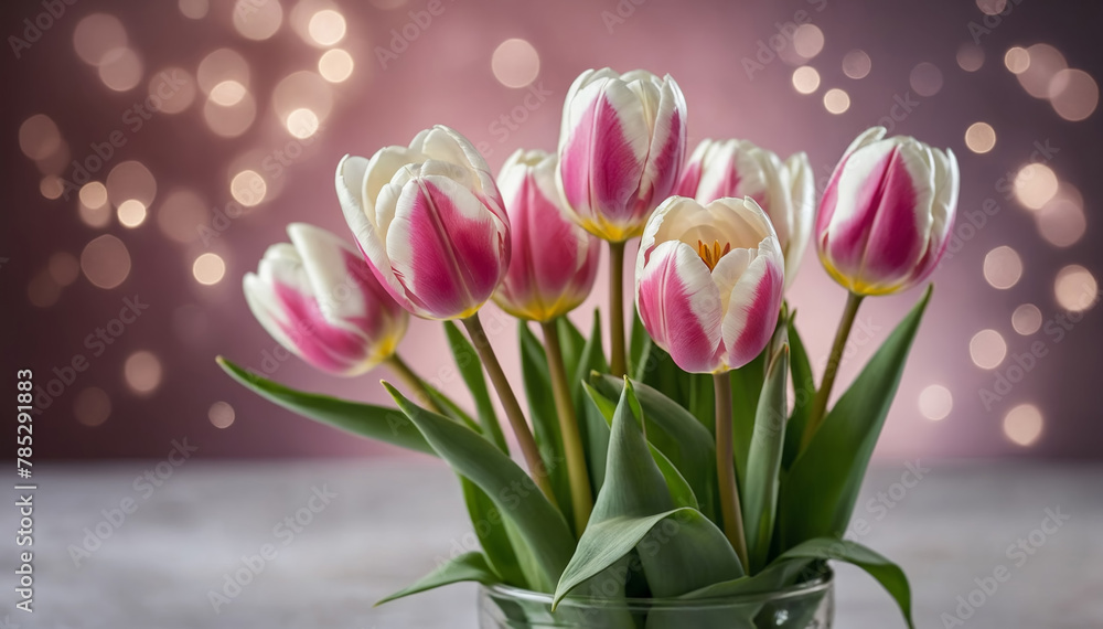 Obraz premium A radiant bouquet of pink and white tulips with a sparkling bokeh effect in the background