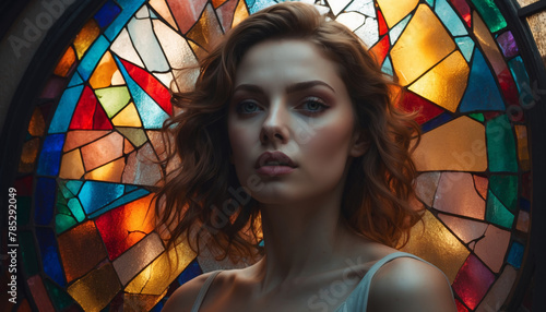 Beautiful brunet woman standing near colorful  stained glass window 