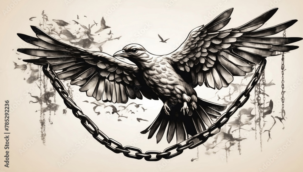 A symbolic illustration of freedom, the silhouette of a bird flying free from chains depicts liberation and victory

