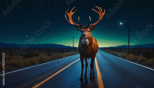 A stag standing in the middle of the road at night