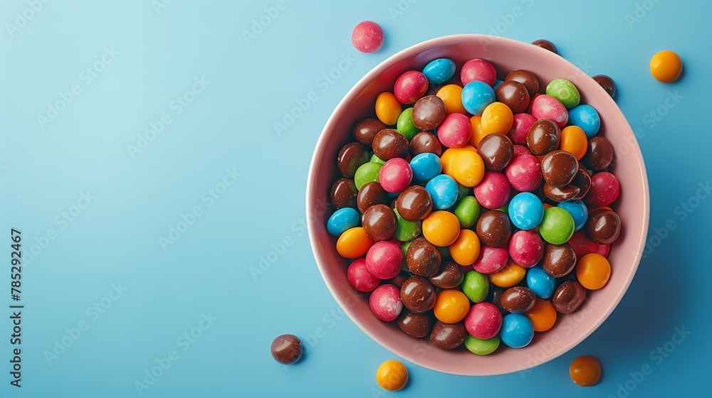 Above image depicts multicoloured chocolate beans in a bowl with space for advertising on a blue backdrop, Generative AI.