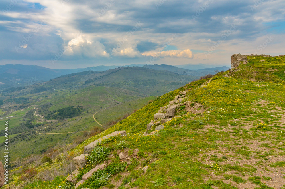 scenic view of  Pergamon aqueduct from Acropolis ruins (Bergama, Izmir province, Turkiye)