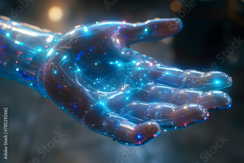 Abstract Digital Human Hand on Dark Technological Background. Futuristic Technology Concept