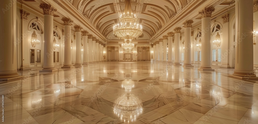 Spectacular chandelier illuminates grand ballroom, reflecting off glossy marble flooring.