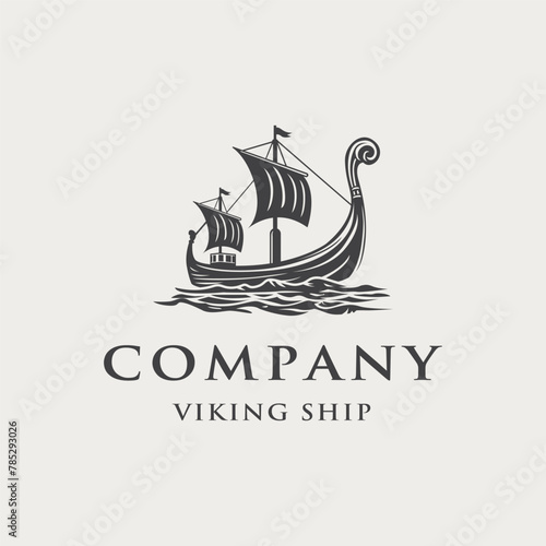 Vintage Long Ship Viking Drakkar Boat Logo Design