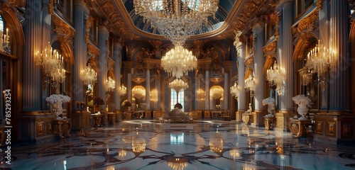 Splendid chandelier adds allure to lavish ballroom with its polished marble setting. © Tayyab