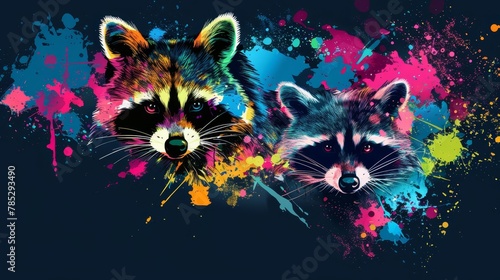  Two raccoons posed side by side against a backdrop of blue and speckled paint splatters