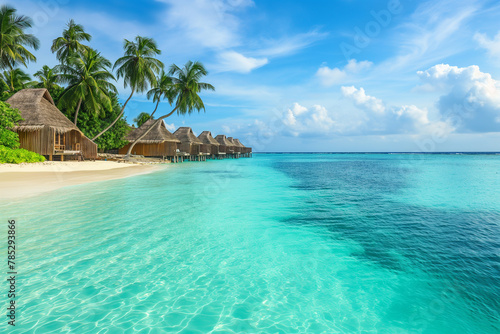 Beautiful tropical Maldives island with few palm trees and blue lagoon