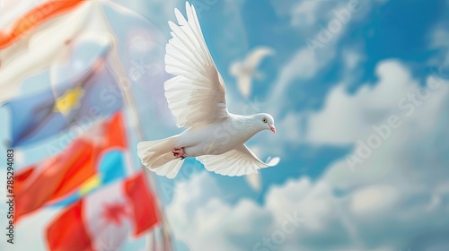  white dove soaring against a backdrop of softly blurred international flags under a clear blue sky. Symbolizes freedom and global peace. Generative AI photo