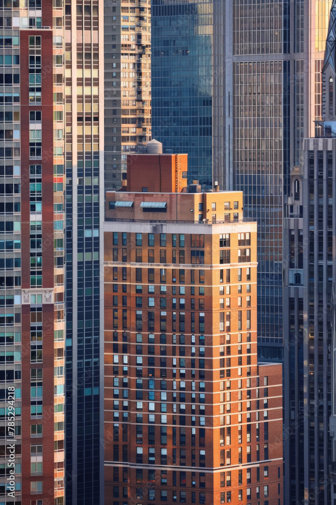 Fototapeta premium A closeup of skyscrapers in a city using a telephoto lens