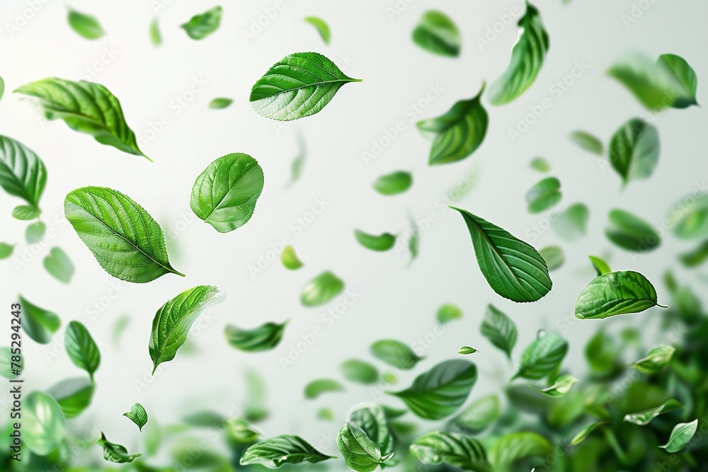 Air purifier atmosphere with dancing green floating leaves against white background with a straightforward main image and text space, Generative AI.