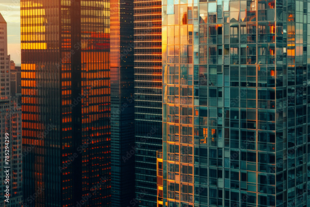 A closeup of skyscrapers in a city using a telephoto lens