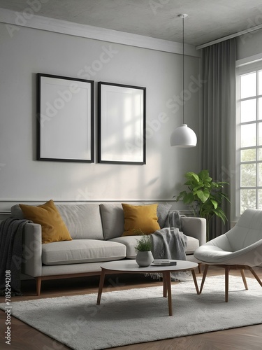 mockup frame poster.  Blank frame hanging on the wall with Modern interior Room design in 3D render. illustration generative ai