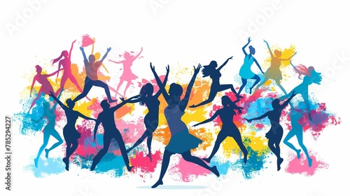 Banner for international dance day with illustration of cheerful dancing people on white background with bright colored spots in simple shapes in flat style photo