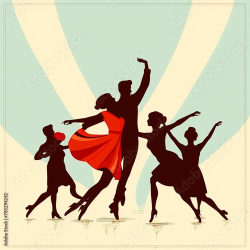 banner for international dance day with illustration of cheerful dancing people with silhouettes of people in retro style
