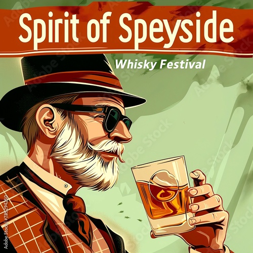 A festive poster with an illustration of a man in a hat drinking whiskey from a glass with ice. Spirit of Speyside Whisky Festival photo