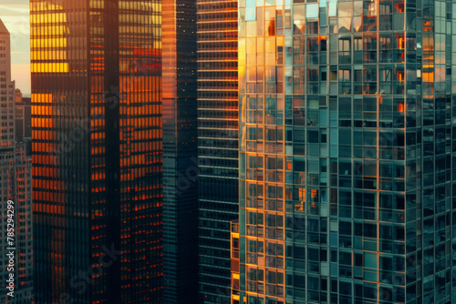 A closeup of skyscrapers in a city using a telephoto lens