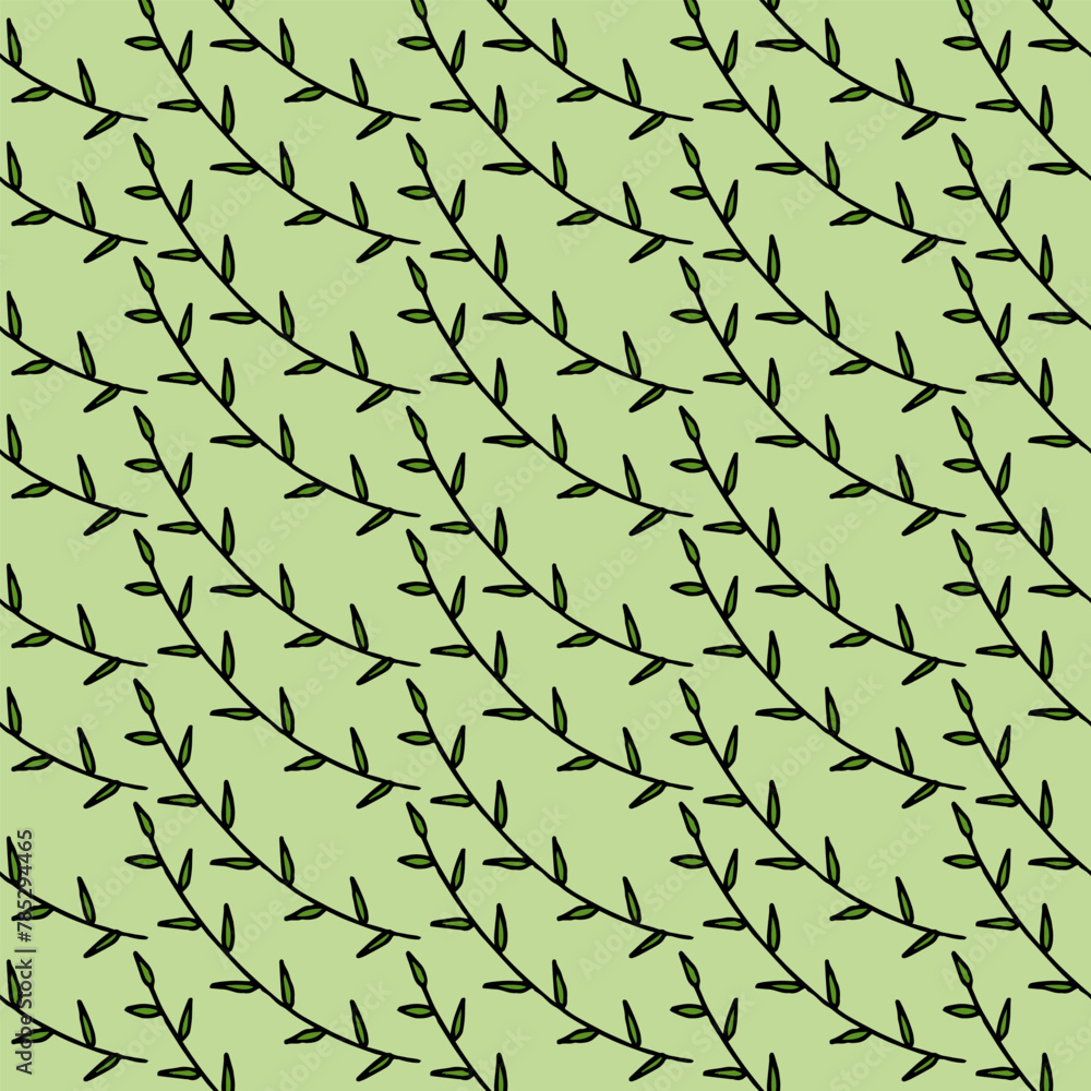 Beautiful seamless pattern with green branches on green background. Vector image.