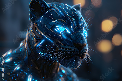 Black Puma with Blue glowing wireframe abstract futuristic background