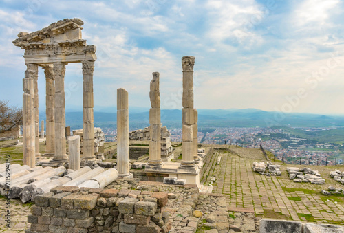 Temple of Trajan (Traianeum) ruins in Pergamon Acropolis (Bergama, Izmir province, Turkiye)