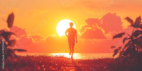 Silhouetted Jogger Enjoying a Serene Sunset by the Ocean Embodying a Peaceful and Rejuvenating Outdoor Adventure