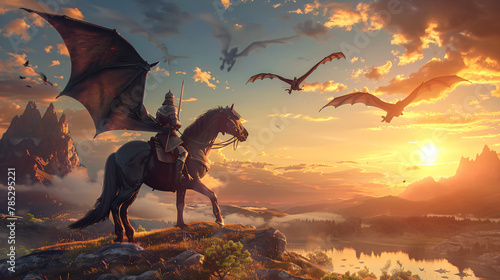 Brave epic knight riding horse on a sunset landscape 