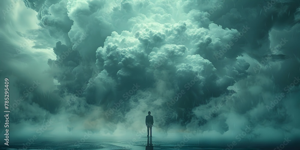 Fototapeta premium Solitary Businessperson Confronting Looming Storm Clouds Navigating Uncertainty and Adversity in Professional Life