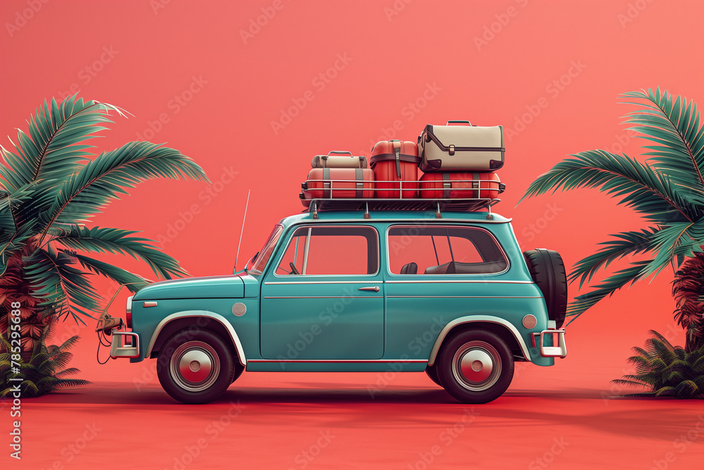 Retro car with luggage and beach equipment on red background. Summer vacation concept Retro car with luggage and beach equipment on red background. Summer vacation concept
