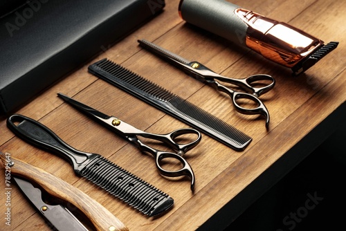 Professional Barber Tools Laid Out Wooden Surface Mens Grooming Session