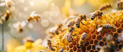 Visualize a honeycomb sphere with golden honey and busy bees Highlight its sweet productivity photo