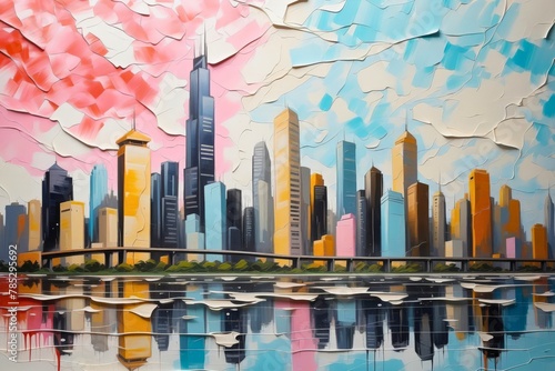 Colorful abstract cityscape painting with skyscrapers and vibrant colors, architecture buildings texture design.
