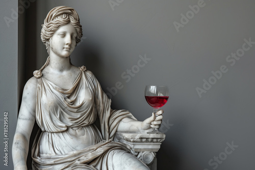 Arrogant portrait of a sculpture of Aphrodite with wine glass in hand on paste background with copy space
