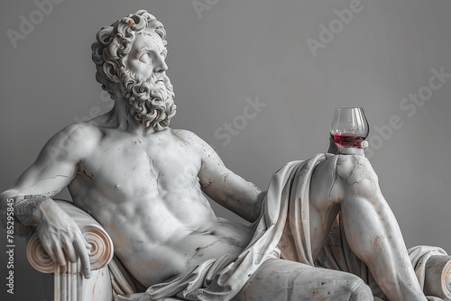 Arrogant portrait of a sculpture of antique statue of a man with wine glass in hand on gray background with copy space