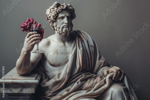 Arrogant portrait of a sculpture of antique statue of a man with wine glass in hand on gray background with copy space